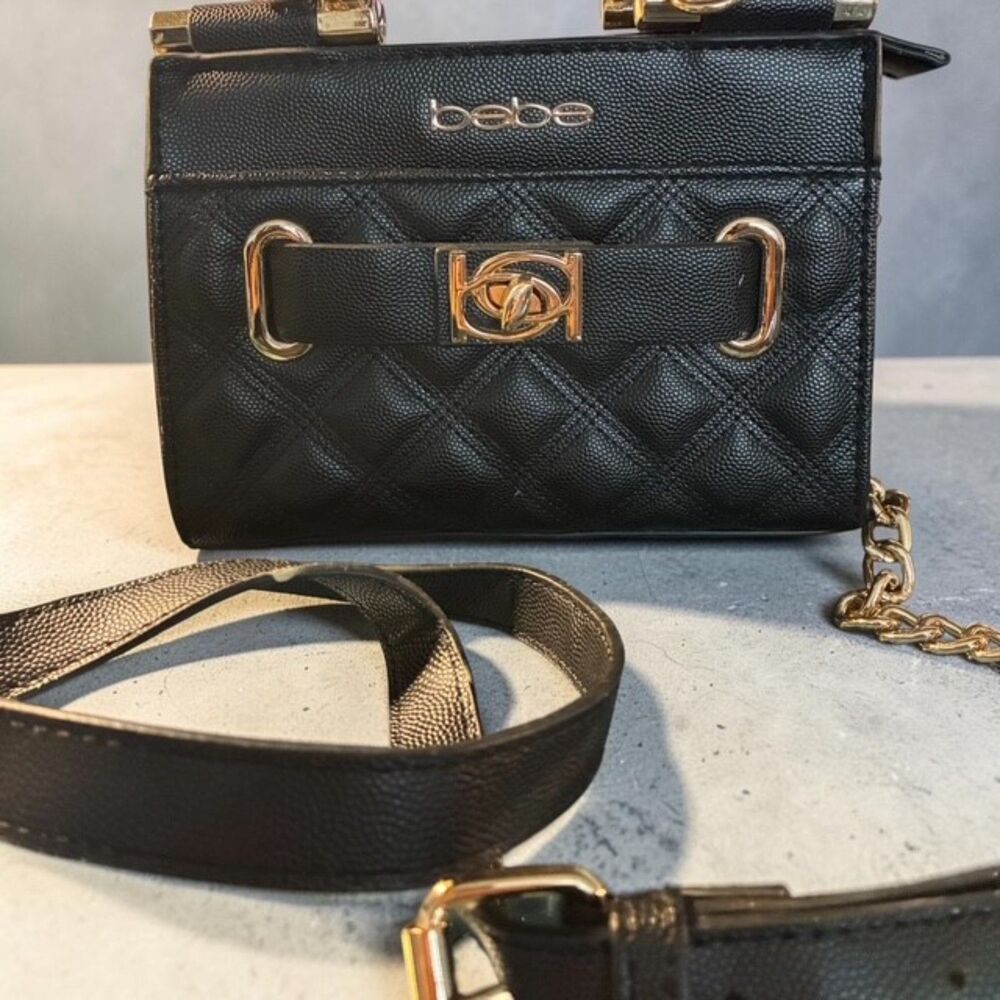 bebe Alex Quilted Small Satchel Crossbody Bag Black & Gold Clasp - EUC